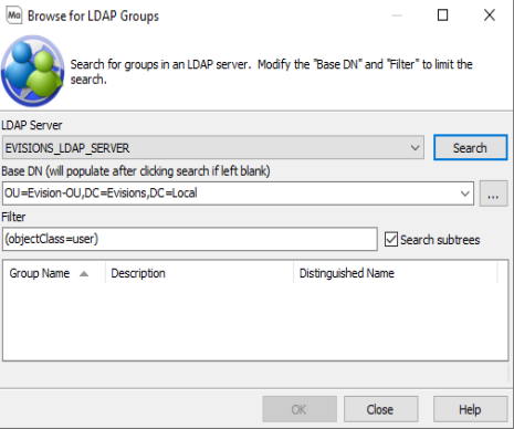 Browse for LDAP Users dialog for the EVISIONS_LDAP_SERVER showing a base DN of OU=Evisions-OU,DC=Evisions,DC=Local and filter of objectClass=user.